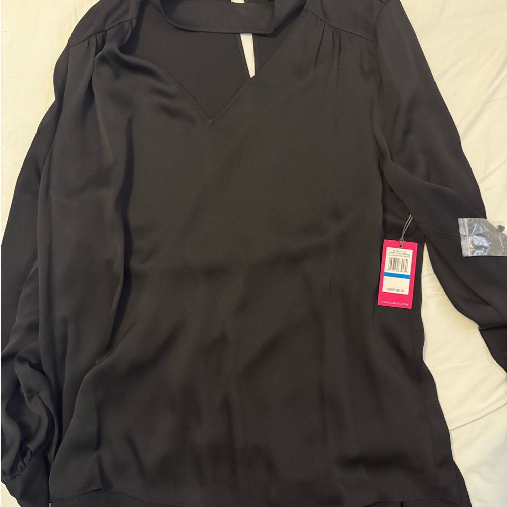 Vince Camuto Black V-Neck Long Sleeve Blouse with Choker Detail